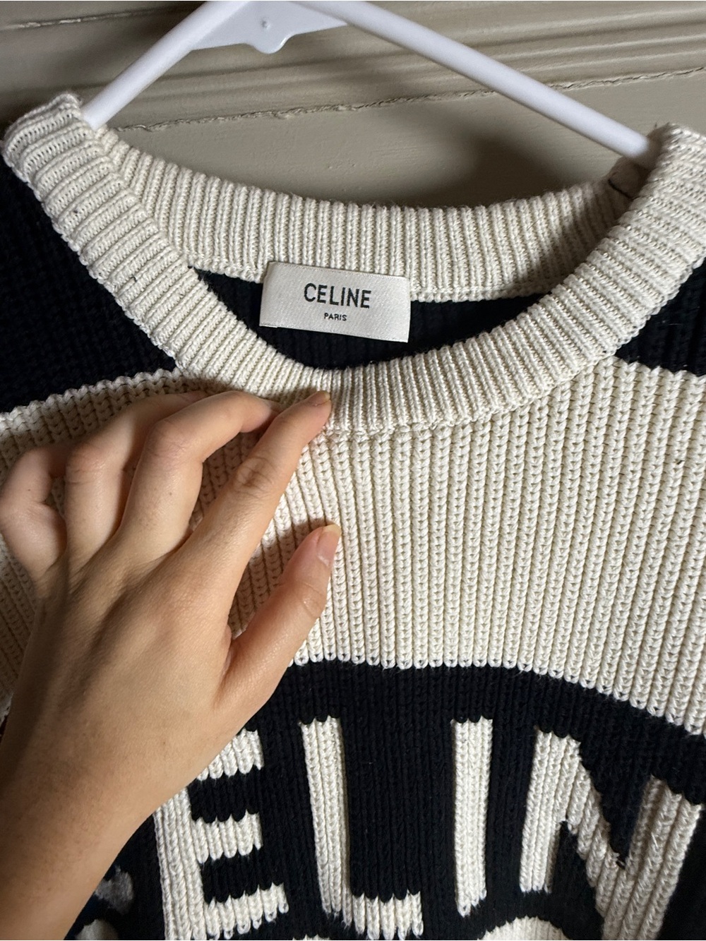 Celine Black and Cream Striped Logo Knit Sweater - Picture 2 of 5